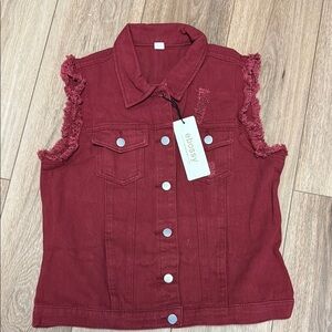 Ebossy wine Red NWT M Sleeveless DISTRESSED Denim Vest